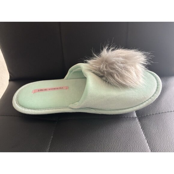 Victoria’s Secret Teal Fuzzy Soft Pom Pom Slippers Sandal Teal Gray Size M (7/8) - Picture 3 of 6